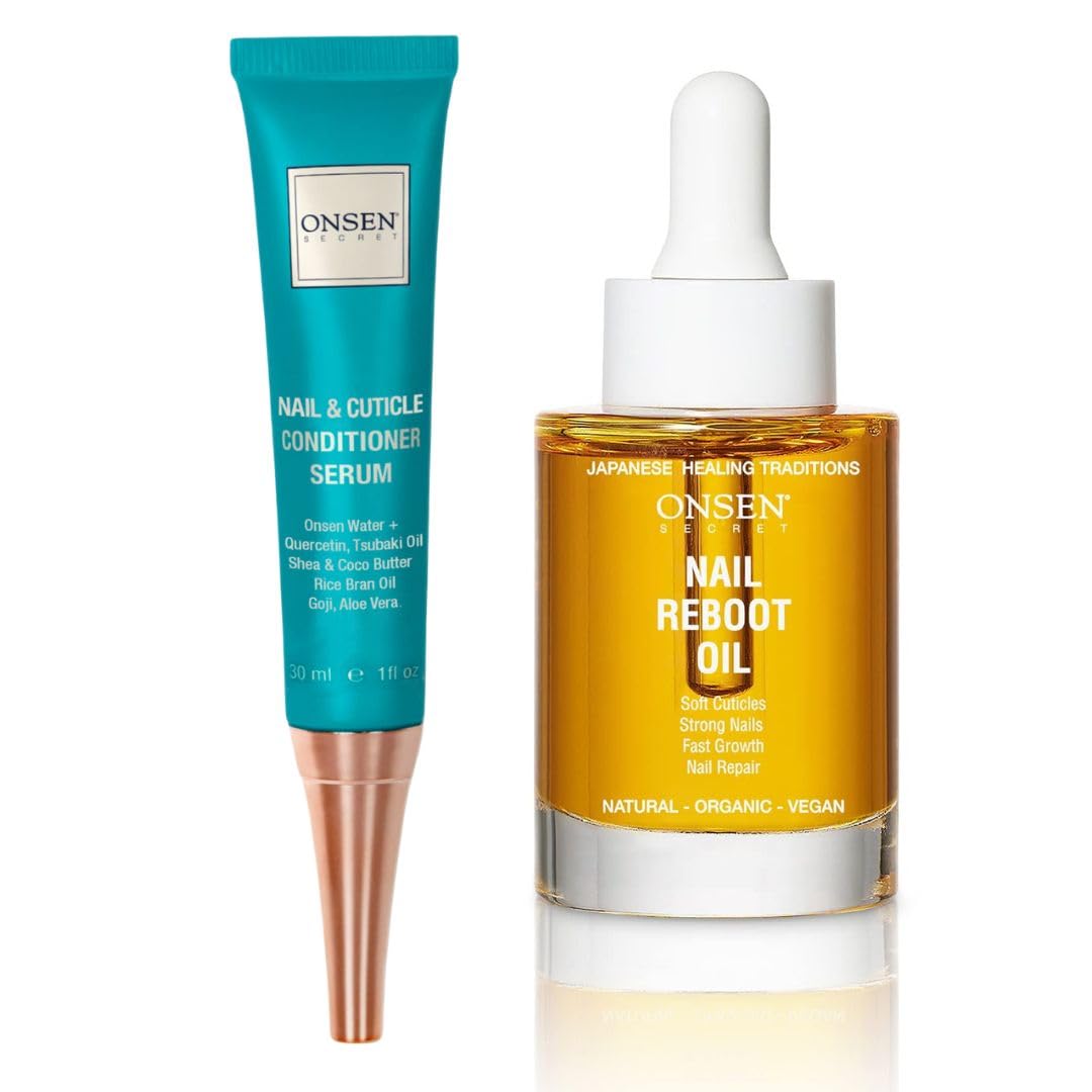 Onsen Secret Nail Reboot Duo - Treatment for Damaged Nails - Natural Nail Care & Cuticle Repair - Visible Results For Perfect Nails, Cuticle Conditioner Cream 15ml & Nail Reboot Oil 10ml