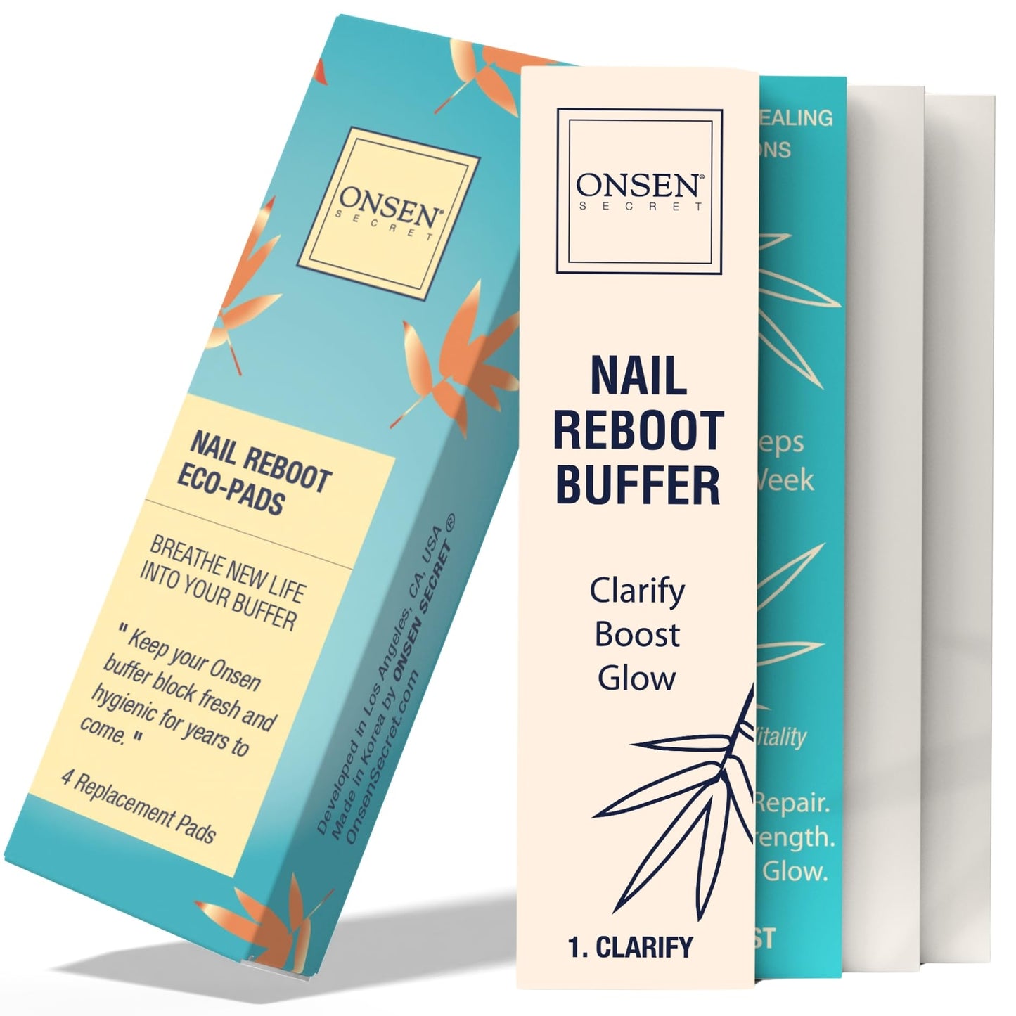 Onsen Secret Professional Nail Buffer Block | 4-Way Buffing for Natural Shine & Healthy Natural Nails - Includes 2 Extra Shine Pads, Salon-Quality, Post-Gel & Acrylic Recovery | 1 Pack