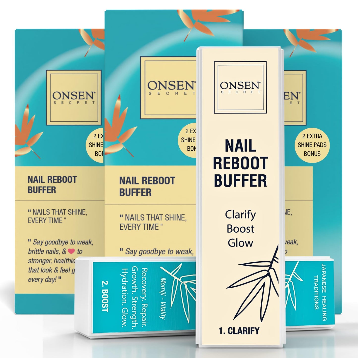 Onsen Secret Professional Nail Buffer Block | 4-Way Buffing for Natural Shine & Healthy Natural Nails - Includes 2 Extra Shine Pads, Salon-Quality, Post-Gel & Acrylic Recovery | 1 Pack