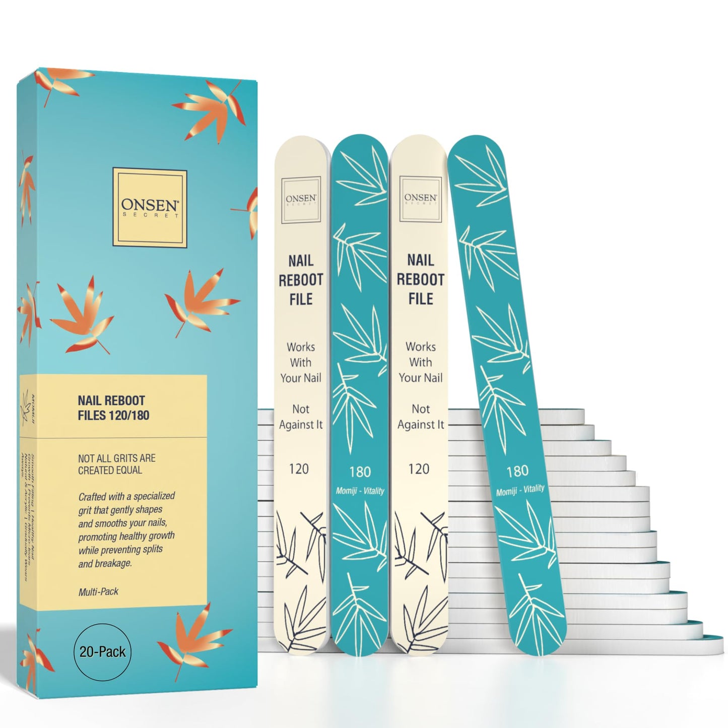 Onsen Secret Japanese Nail File - Professional 6-Pack Nail Files, Double Sided Natural & Acrylic Filers - 120/180 Grit - Disposable, Salon Smooth | Best Onsen File for Shiny Nails