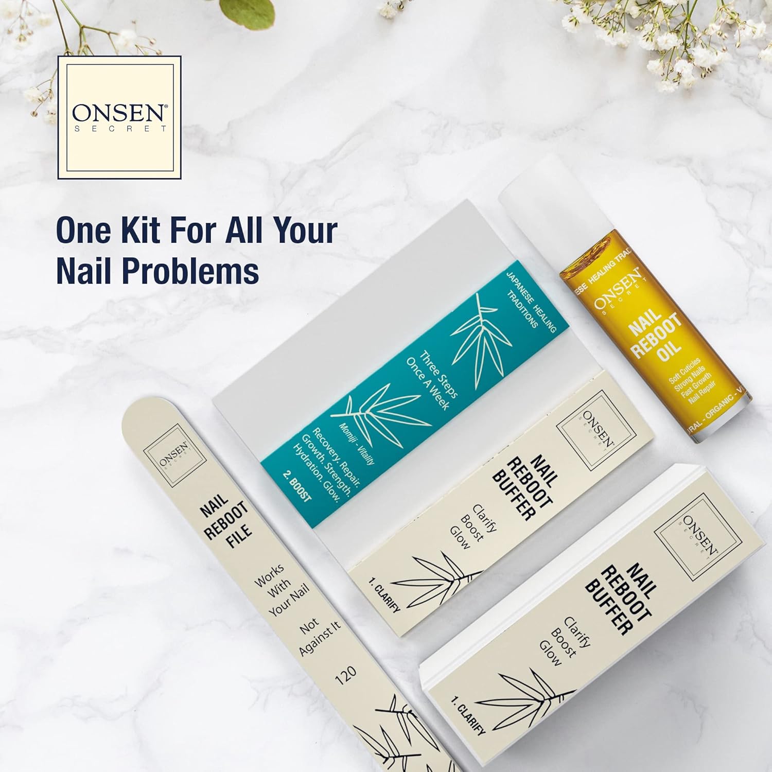 Onsen Secret Japanese Nail Reboot Cuticle Oil Kit | Buffer and Shine Kit w/ Professional File, 3-Way Buffer Block & Free Replacement Pads | Strengthening Combo for Healthy Nails, 1pk