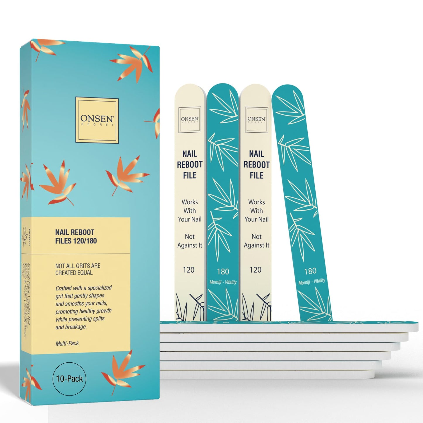 Onsen Secret Japanese Nail File - Professional 6-Pack Nail Files, Double Sided Natural & Acrylic Filers - 120/180 Grit - Disposable, Salon Smooth | Best Onsen File for Shiny Nails