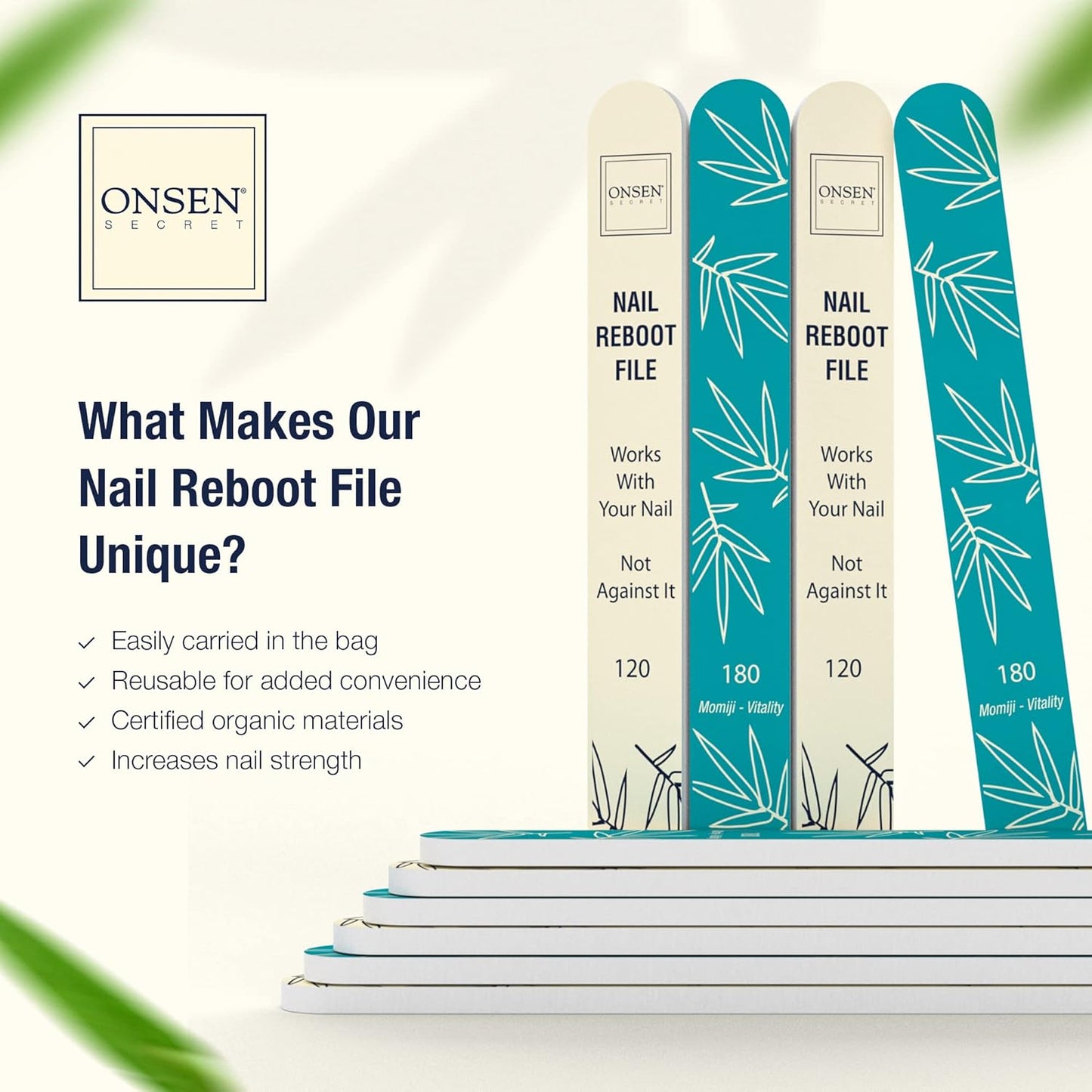 Onsen Secret Japanese Nail File - Professional 6-Pack Nail Files, Double Sided Natural & Acrylic Filers - 120/180 Grit - Disposable, Salon Smooth | Best Onsen File for Shiny Nails