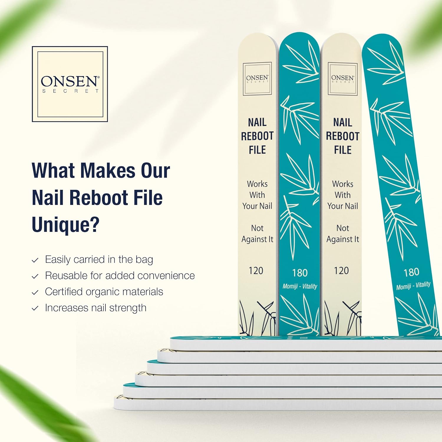 Onsen Secret Japanese Nail File - Professional 6-Pack Nail Files, Double Sided Natural & Acrylic Filers - 120/180 Grit - Disposable, Salon Smooth | Best Onsen File for Shiny Nails