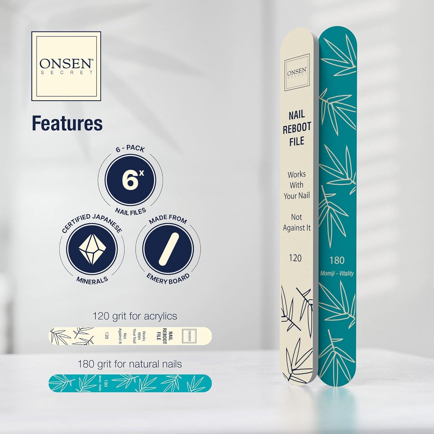 Onsen Secret Japanese Nail File - Professional 6-Pack Nail Files, Double Sided Natural & Acrylic Filers - 120/180 Grit - Disposable, Salon Smooth | Best Onsen File for Shiny Nails