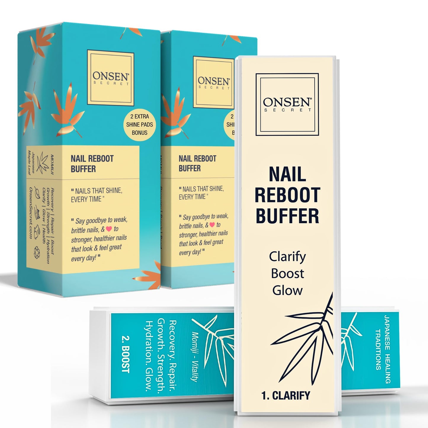 Onsen Secret Professional Nail Buffer Block | 4-Way Buffing for Natural Shine & Healthy Natural Nails - Includes 2 Extra Shine Pads, Salon-Quality, Post-Gel & Acrylic Recovery | 1 Pack