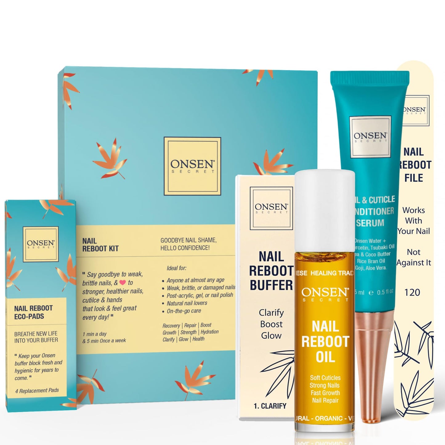 Onsen Secret Nail Care Kit - Japanese Nail Buffer and Shine Kit - Strengthening & Shining - Spa-Quality Manicure - Organic Ingredients - Long-Lasting Shine - Easy & Safe - w/Cuticle Care Serum - 1pk