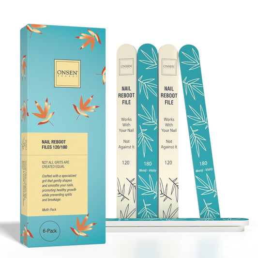 Onsen Secret Japanese Nail File - Professional 6-Pack Nail Files, Double Sided Natural & Acrylic Filers - 120/180 Grit - Disposable, Salon Smooth | Best Onsen File for Shiny Nails