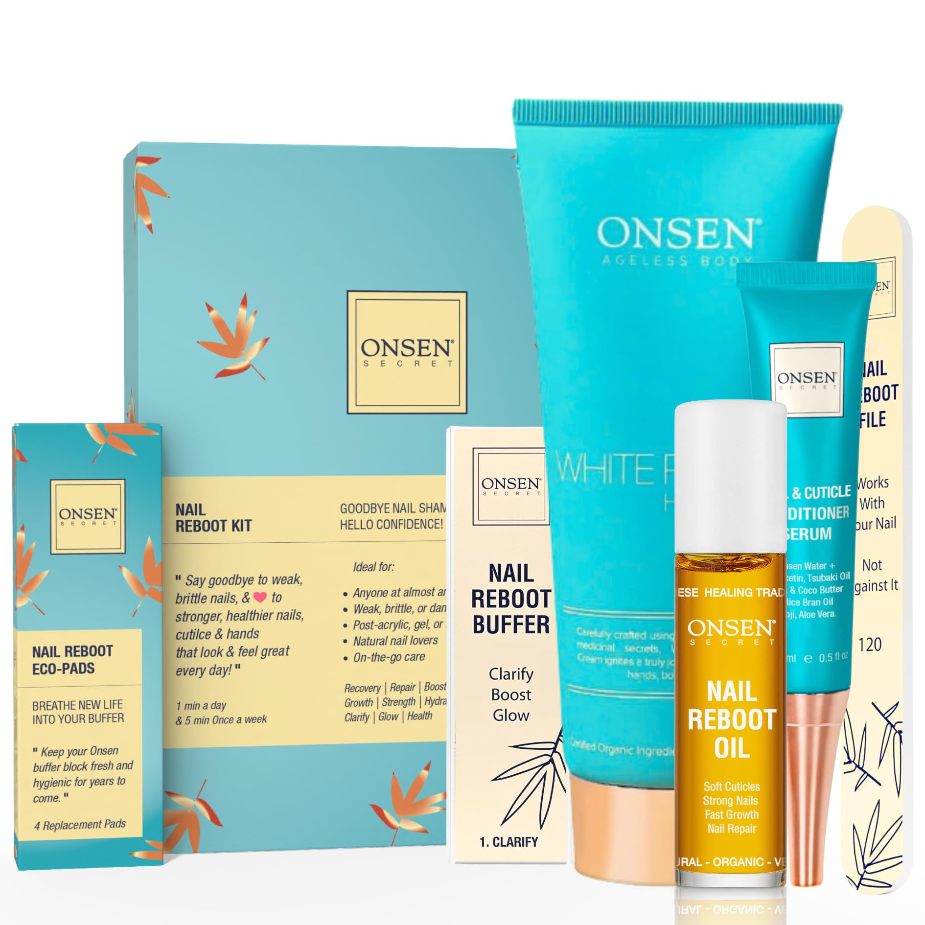 Onsen Secret Nail Care Kit - Japanese Nail Buffer and Shine Kit - Strengthening & Shining - Spa-Quality Manicure - Organic Ingredients - Long-Lasting Shine - Easy & Safe - w/Cuticle Care Serum - 1pk