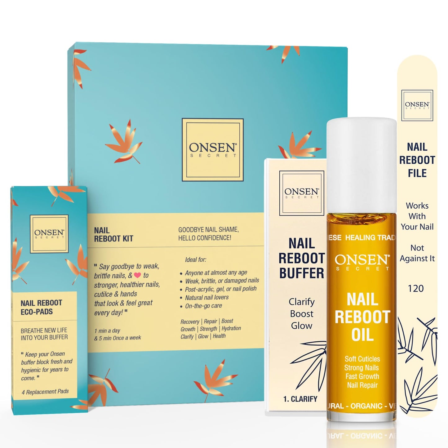 Onsen Secret Nail Care Kit - Japanese Nail Buffer and Shine Kit - Strengthening & Shining - Spa-Quality Manicure - Organic Ingredients - Long-Lasting Shine - Easy & Safe - w/Cuticle Care Serum - 1pk