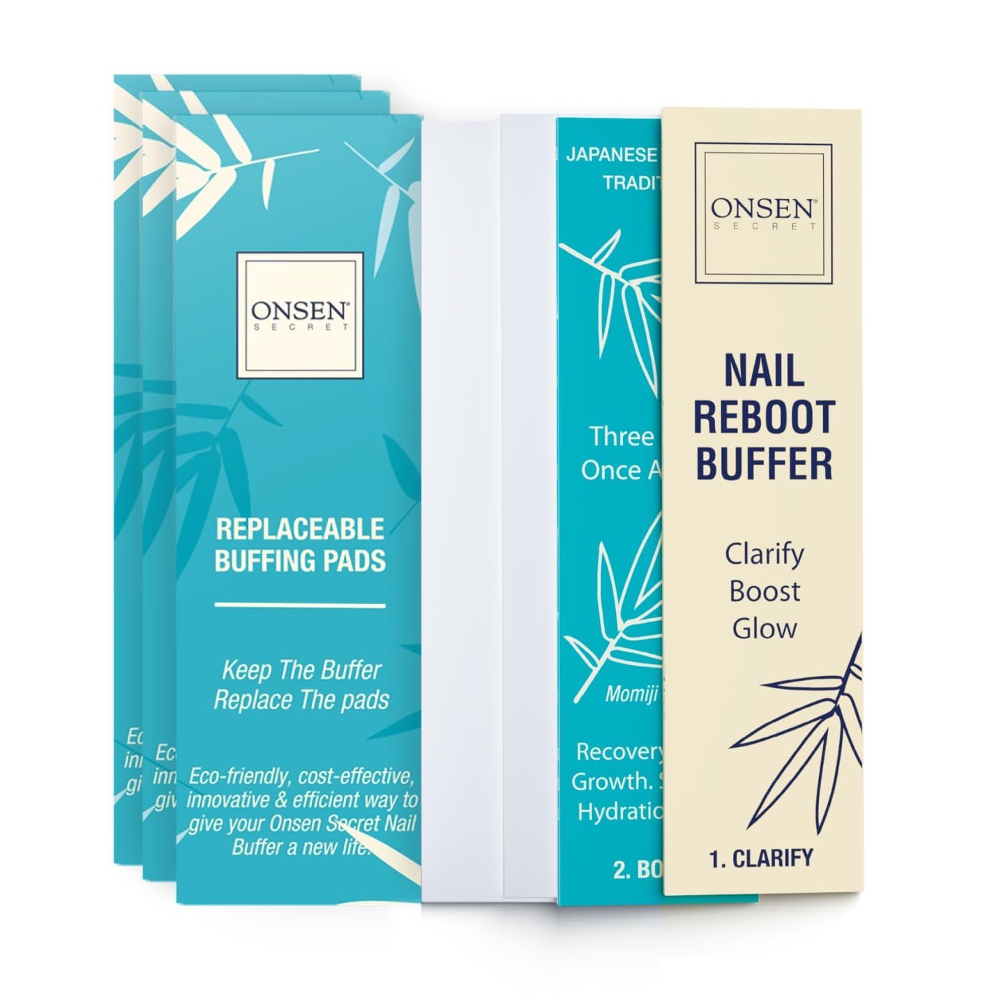 Onsen Nail Buffer Block Replacement Pads - 3 Way Buffing Smooth Shine Natural Nail Polisher with 3 Sides Coarse Soft Silky for Professional Nail Care, Nail Buffer Replacement Pads, 4x Combo Pads, 1pk
