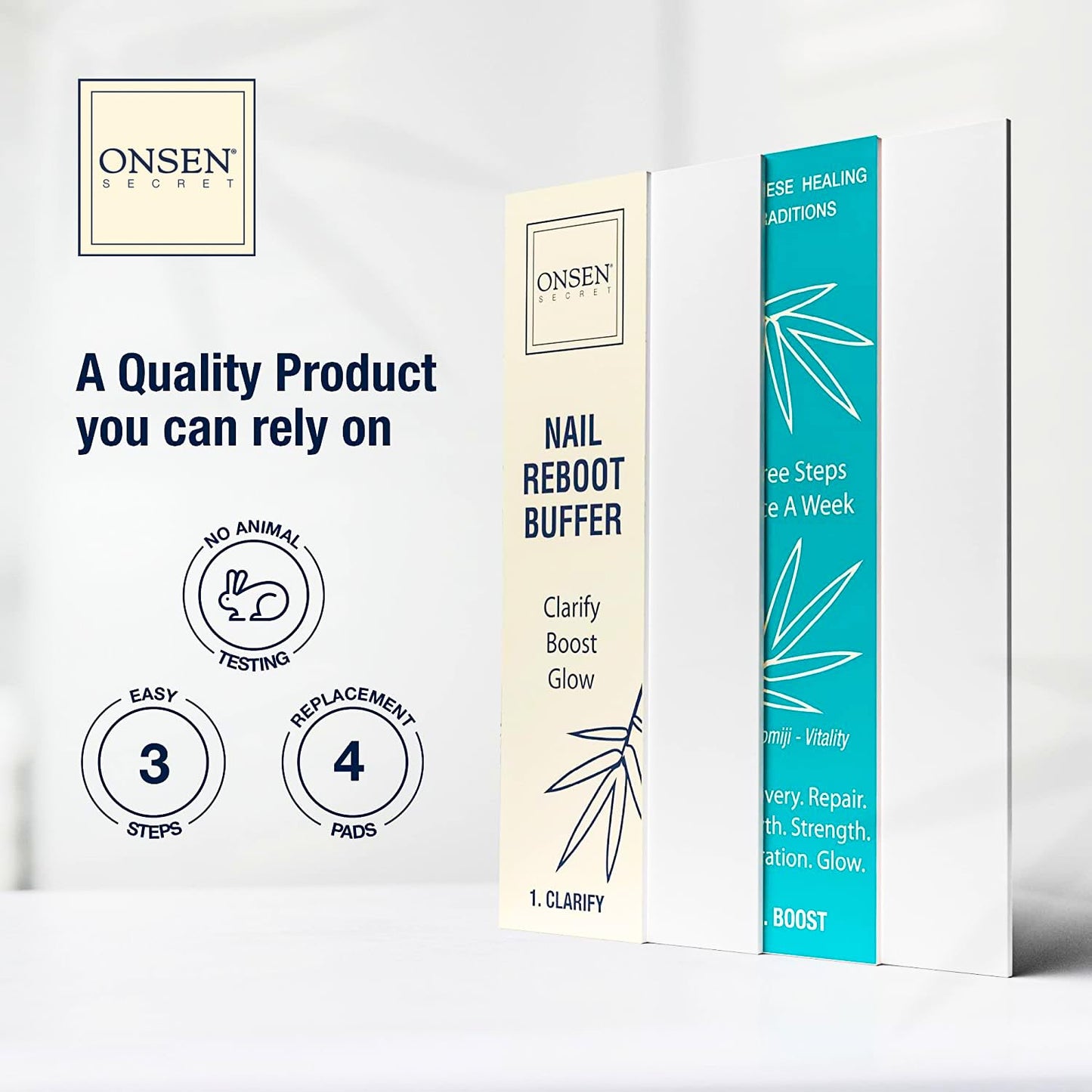 Onsen Nail Buffer Block Replacement Pads - 3 Way Buffing Smooth Shine Natural Nail Polisher with 3 Sides Coarse Soft Silky for Professional Nail Care, Nail Buffer Replacement Pads, 4x Combo Pads, 1pk