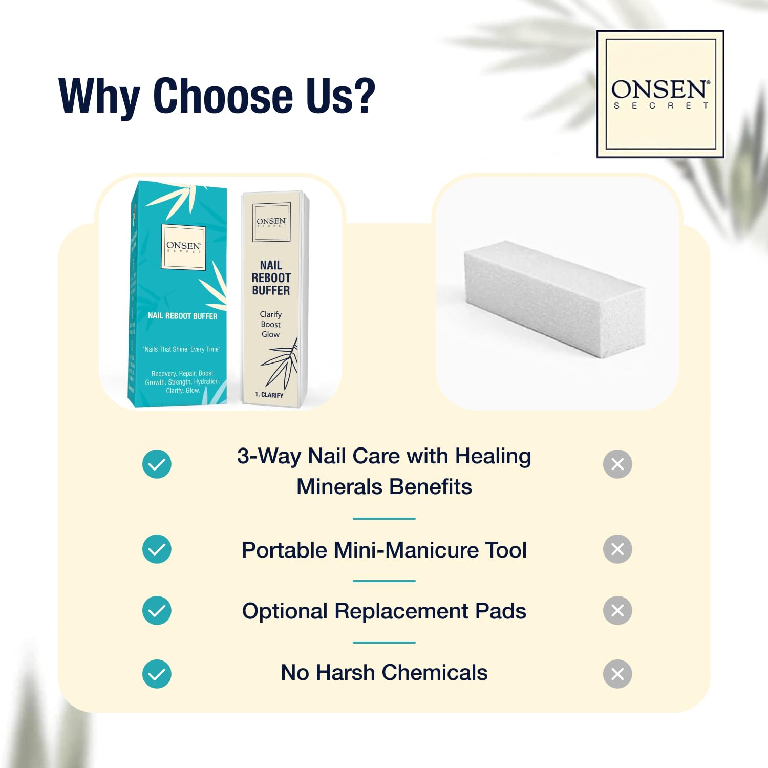 Onsen Nail Buffer Block Replacement Pads - 3 Way Buffing Smooth Shine Natural Nail Polisher with 3 Sides Coarse Soft Silky for Professional Nail Care, Nail Buffer Replacement Pads, 4x Combo Pads, 1pk