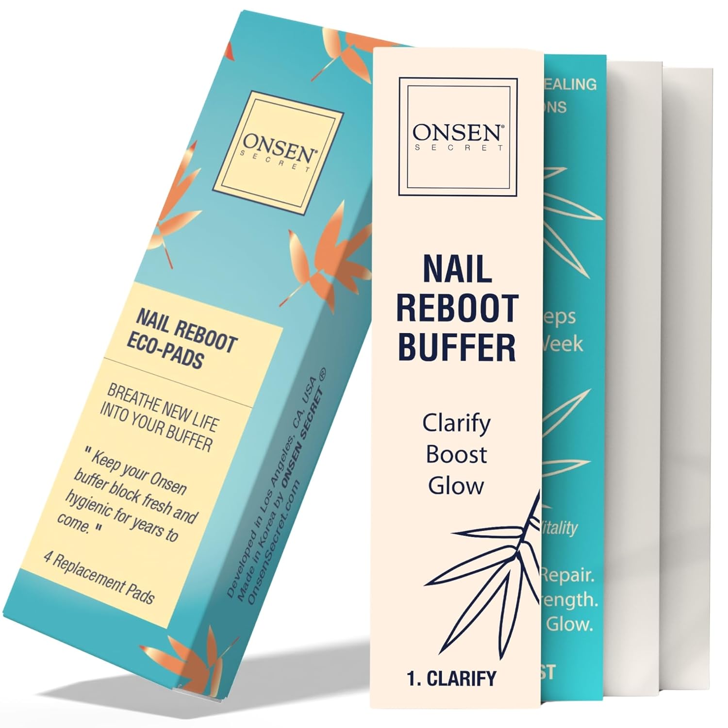 Onsen Nail Buffer Block Replacement Pads - 3 Way Buffing Smooth Shine Natural Nail Polisher with 3 Sides Coarse Soft Silky for Professional Nail Care, Nail Buffer Replacement Pads, 4x Combo Pads, 1pk