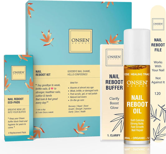 Onsen Secret Japanese Nail Reboot Cuticle Oil Kit | Buffer and Shine Kit w/ Professional File, 3-Way Buffer Block & Free Replacement Pads | Strengthening Combo for Healthy Nails, 1pk